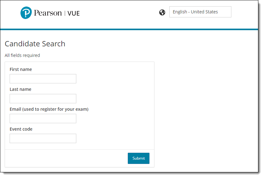 Candidate Search page where candidates enter their name, email address, and event code to request an exam unlock.